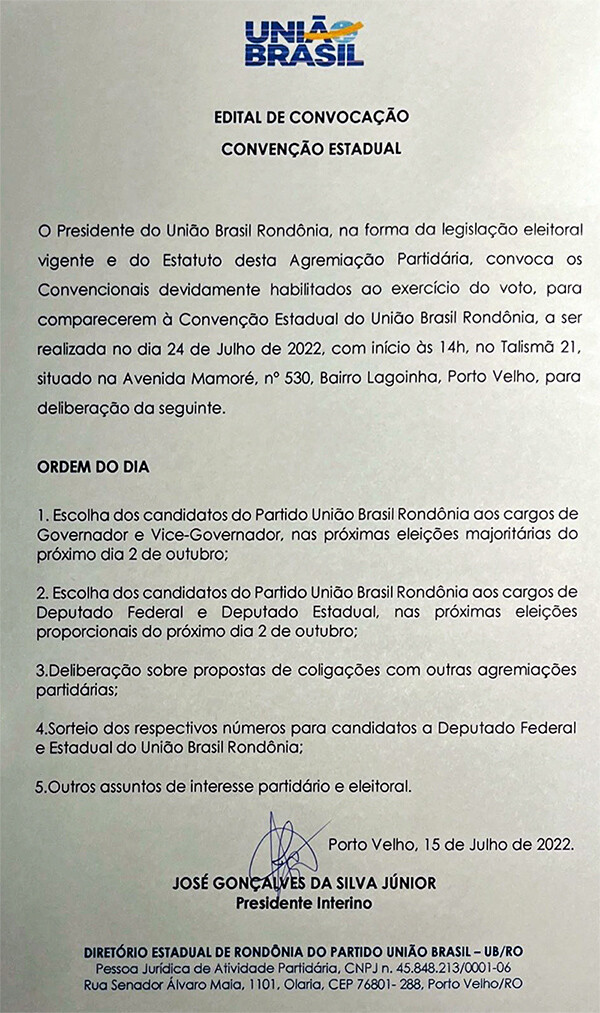 União Brasil Rondônia - Edital de Convenção Estadual 