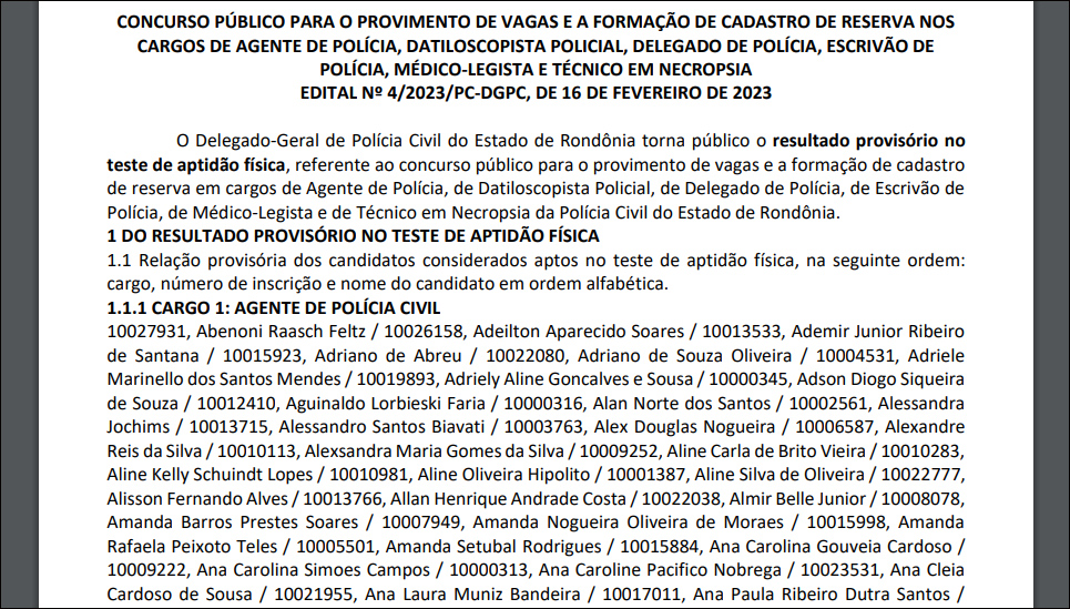 Sai o resultado do teste de aptidão física do concurso para agente, datiloscopista, delegado, escrivão, médico-legista e técnico em necropsia