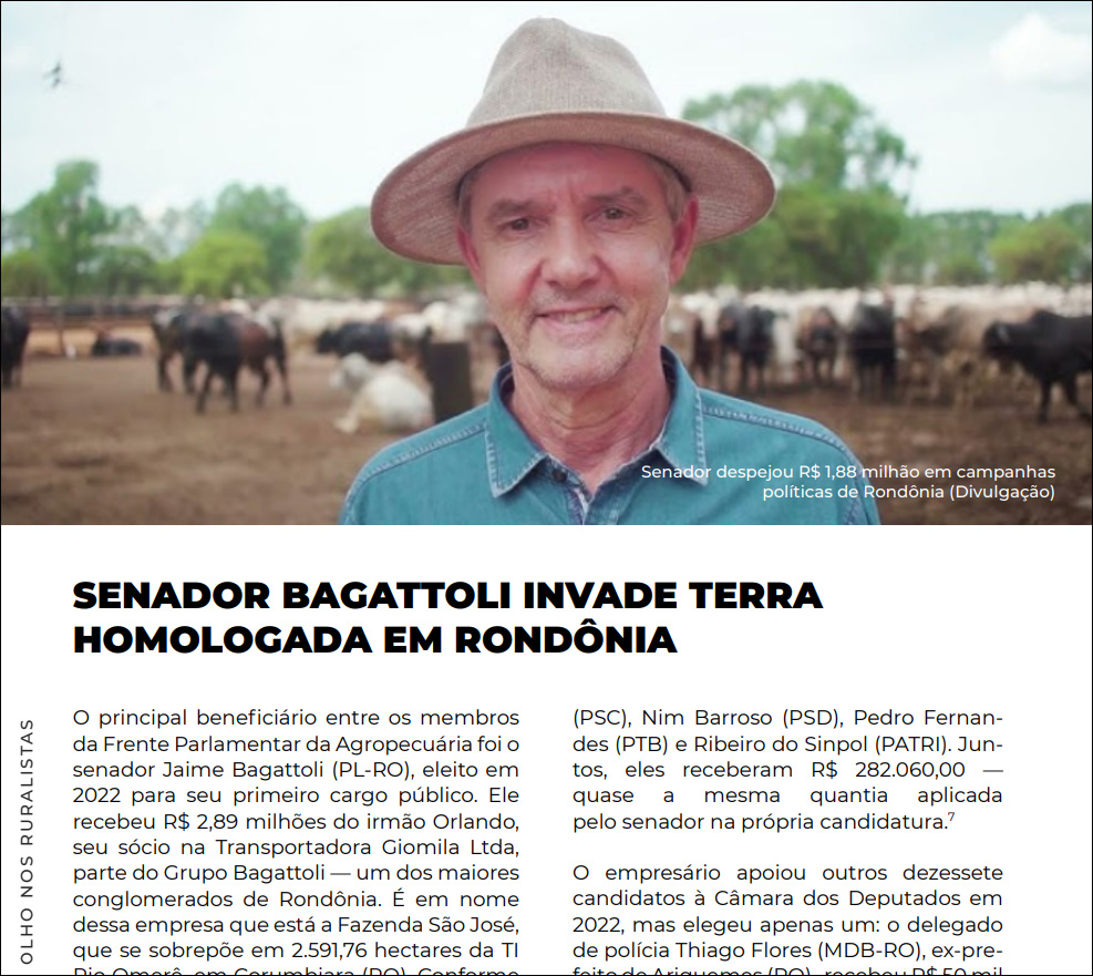 Senador Jaime Bagattoli é denunciado em dossiê por fazenda grilada em área de indígenas isolados