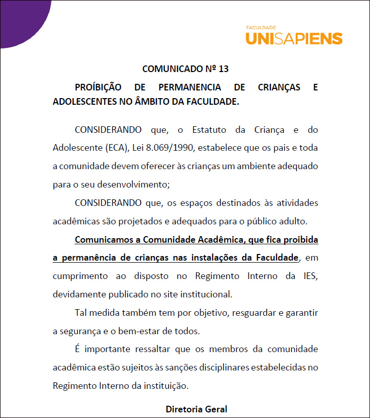 Faculdade Unisapiens proíbe mães acadêmicas de levarem filhos para a instituição