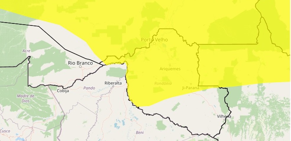 Área com alerta amarelo de chuva intensa em Rondônia — Foto: Reprodução/Inmet