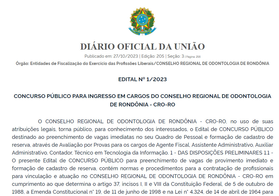 Conselho Regional de Odontologia de Rondônia divulga edital de concurso com salários de até R$ 3.636,00