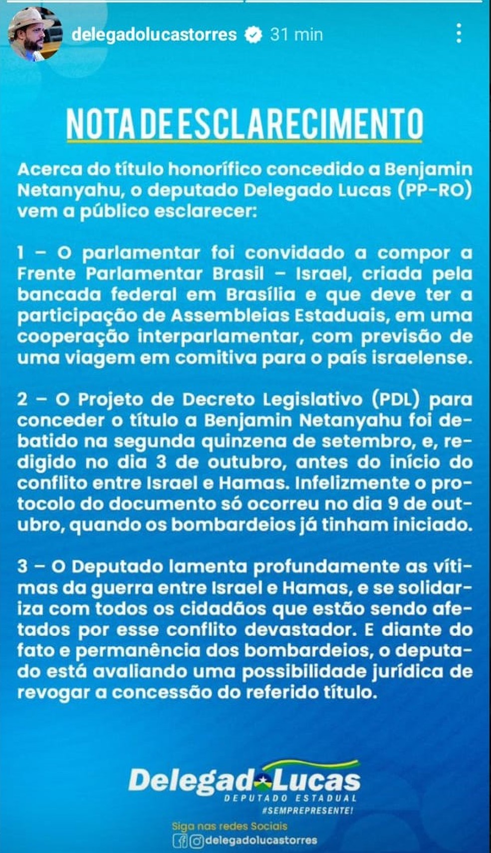 Nota de esclarecimento do deputado delegado Lucas (PP-RO) sobre concessão de título honorífico a Benjamin Netanyahu — Foto: Reprodução/Instagram