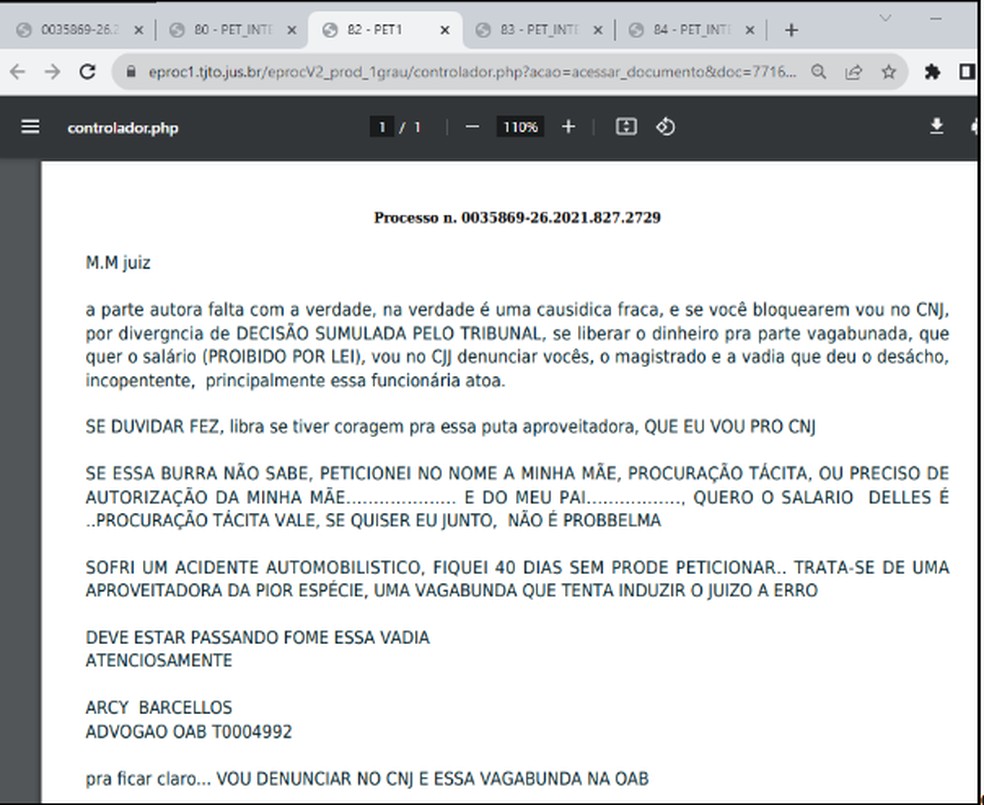 Advogado xinga a parte autora de processo e a servidora do TJ em documento enviado a juiz — Foto: Reprodução