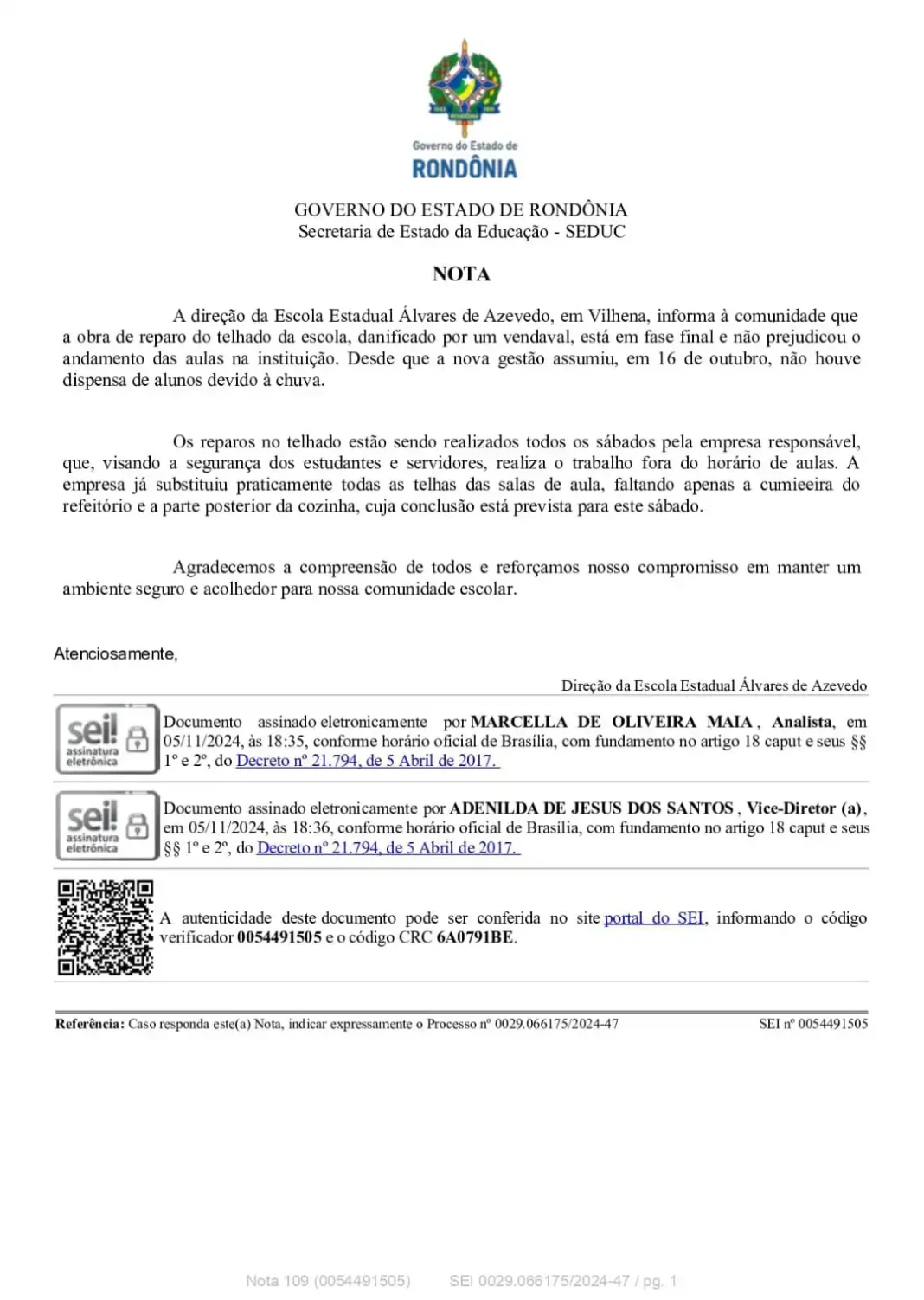 Nota de Esclarecimento da Escola Álvares de Azevedo