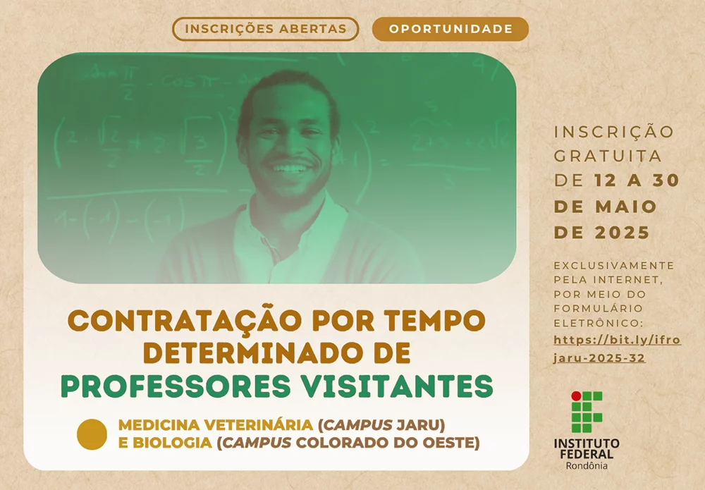 IFRO abre contratação de professores visitantes de Veterinária e Biologia para Jaru e Colorado do Oeste
