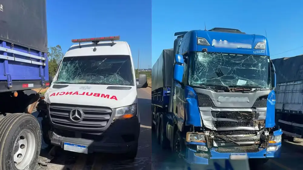 Ambulância que transportava paciente se envolve em acidente com caminhões e carro em Vilhena