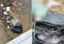 Mala com duas pernas humanas é encontrada boiando